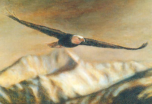 A painting of an eagle soaring over the mountains with warm brown tones. 