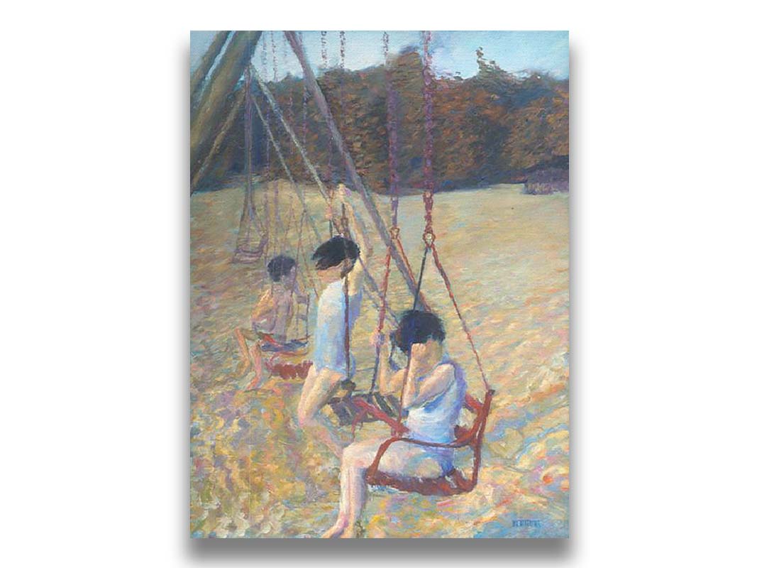 A painting of three children playing on the swings at a park during the fall. Printed on canvas.