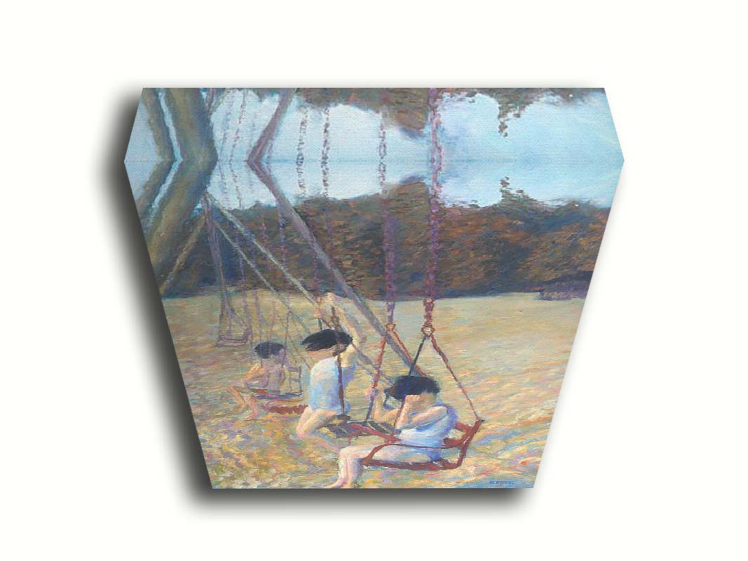 A painting of three children playing on the swings at a park during the fall. Printed on canvas.