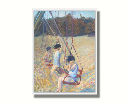 A painting of three children playing on the swings at a park during the fall. Printed on canvas in a float frame.