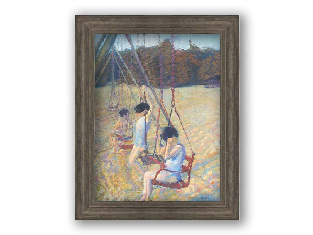 A painting of three children playing on the swings at a park during the fall. Printed on canvas and framed.