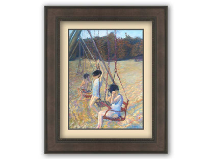 A painting of three children playing on the swings at a park during the fall. Printed on paper, matted, and framed.