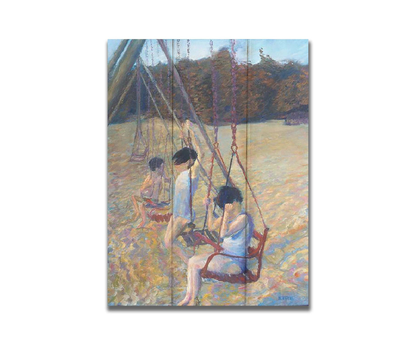 A painting of three children playing on the swings at a park during the fall. Printed on a box board.