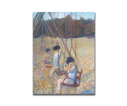 A painting of three children playing on the swings at a park during the fall. Printed on a box board.