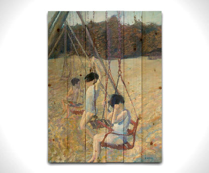 A painting of three children playing on the swings at a park during the fall. Printed on a wood pallet.