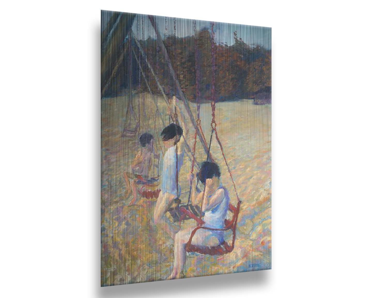 A painting of three children playing on the swings at a park during the fall. Printed on metal.