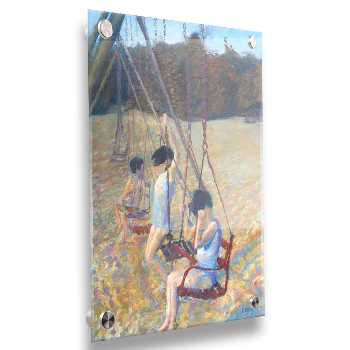 A painting of three children playing on the swings at a park during the fall. Printed on acrylic.