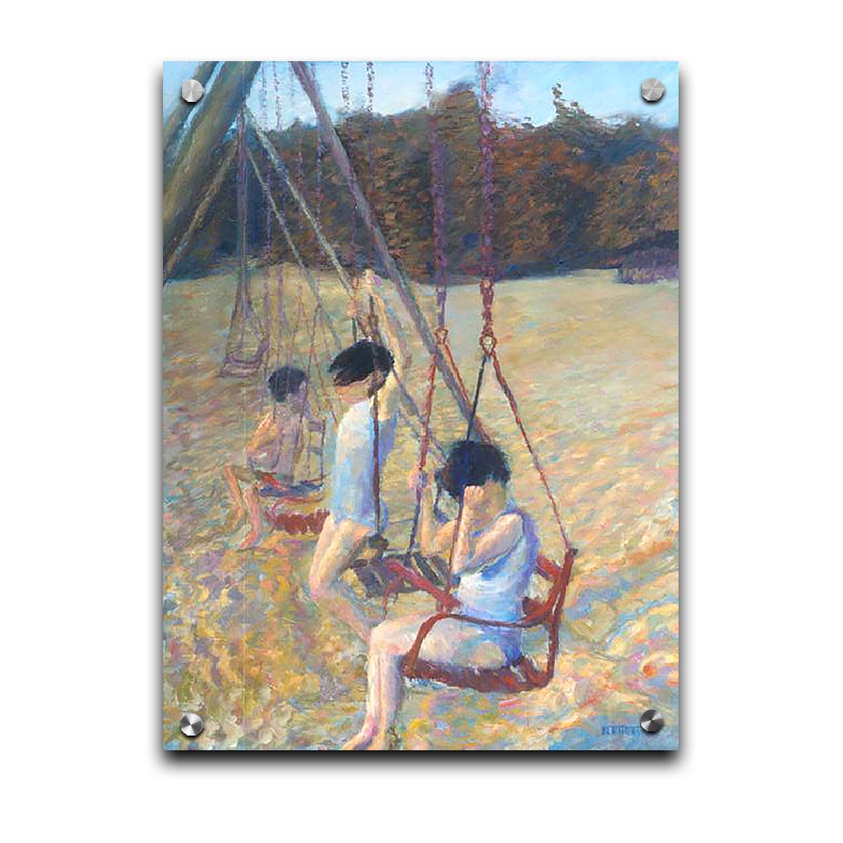 A painting of three children playing on the swings at a park during the fall. Printed on acrylic.