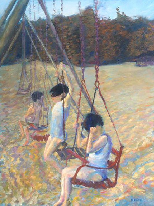 A painting of three children playing on the swings at a park during the fall. 