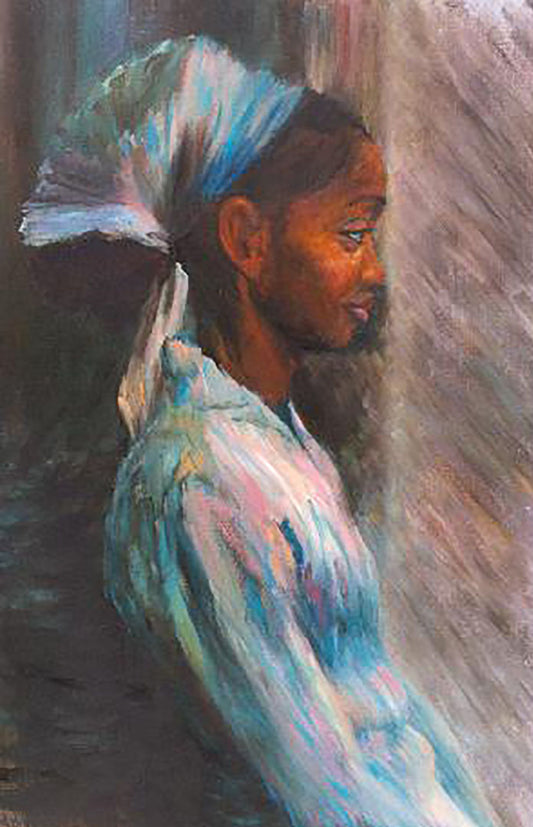 A painting in side profile of a person, elegantly dressed in white and blue. 