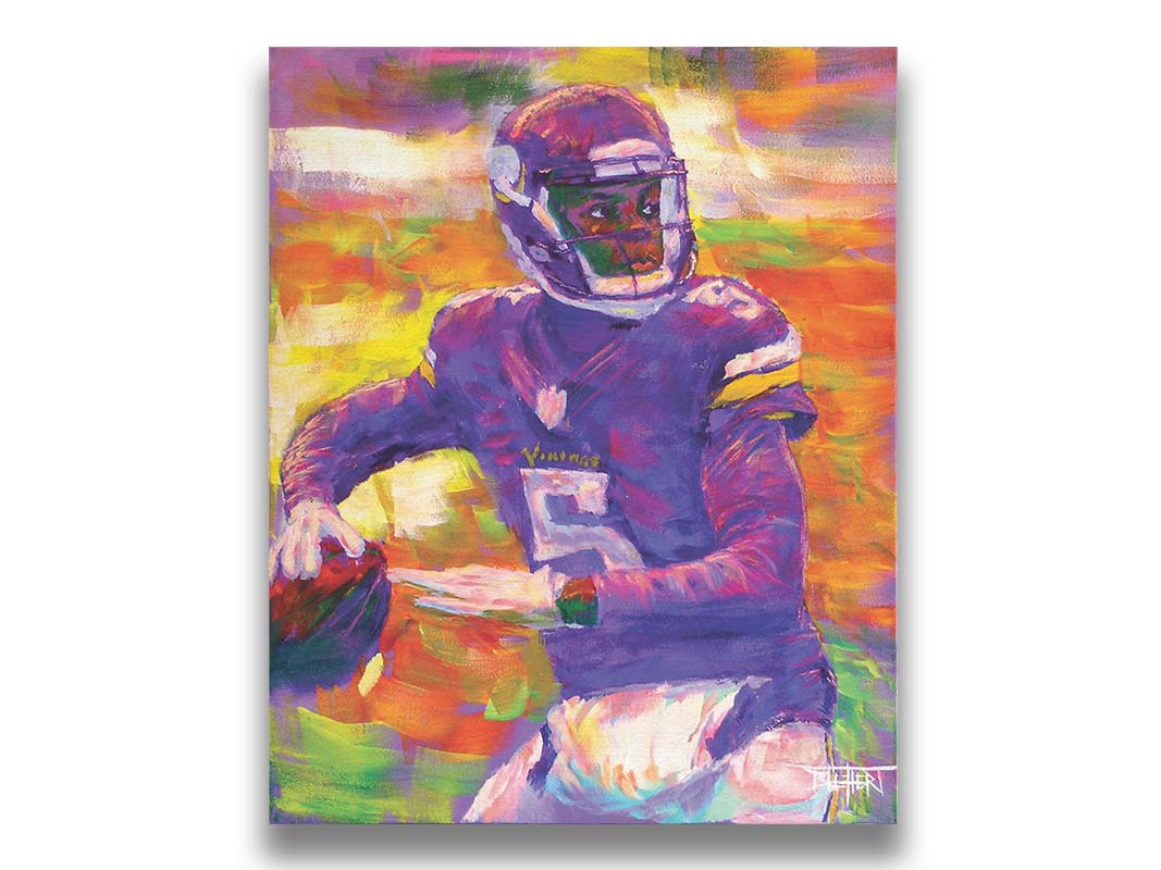 A portrait painting of football quarterback Theodore "Teddy" Edmond Bridgewater Jr. playing for the Minnesota Vikings, about to throw the ball. Printed on canvas.