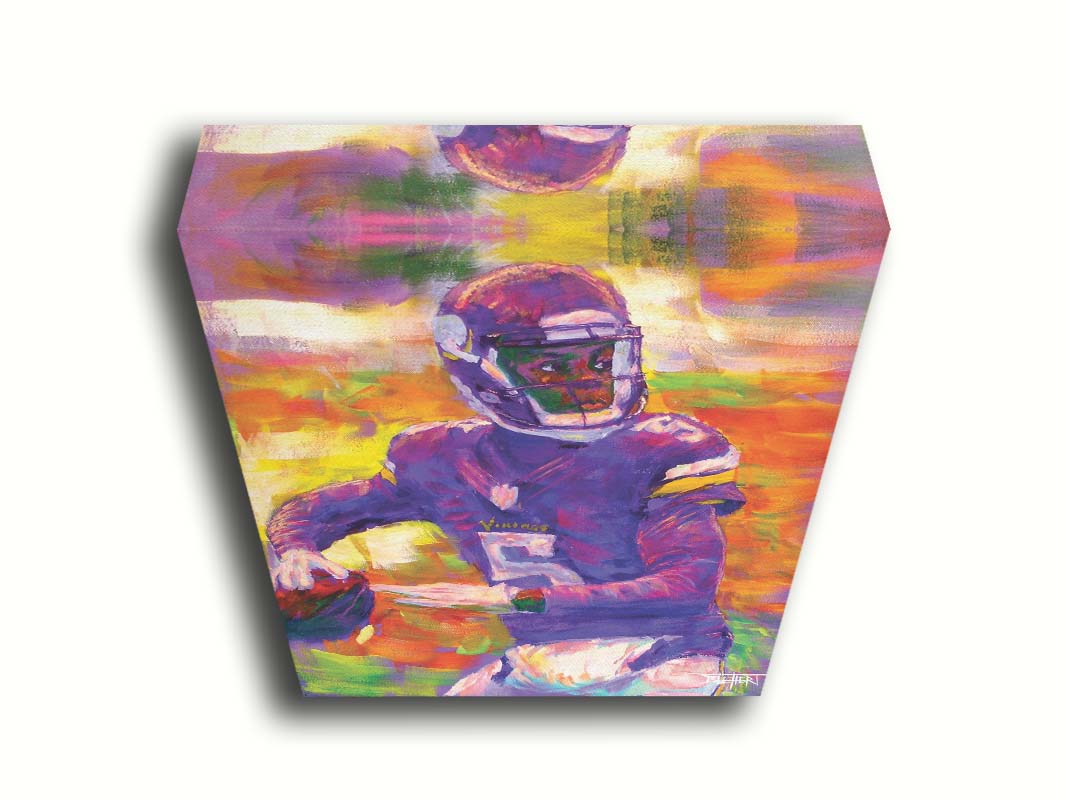 A portrait painting of football quarterback Theodore "Teddy" Edmond Bridgewater Jr. playing for the Minnesota Vikings, about to throw the ball. Printed on canvas.