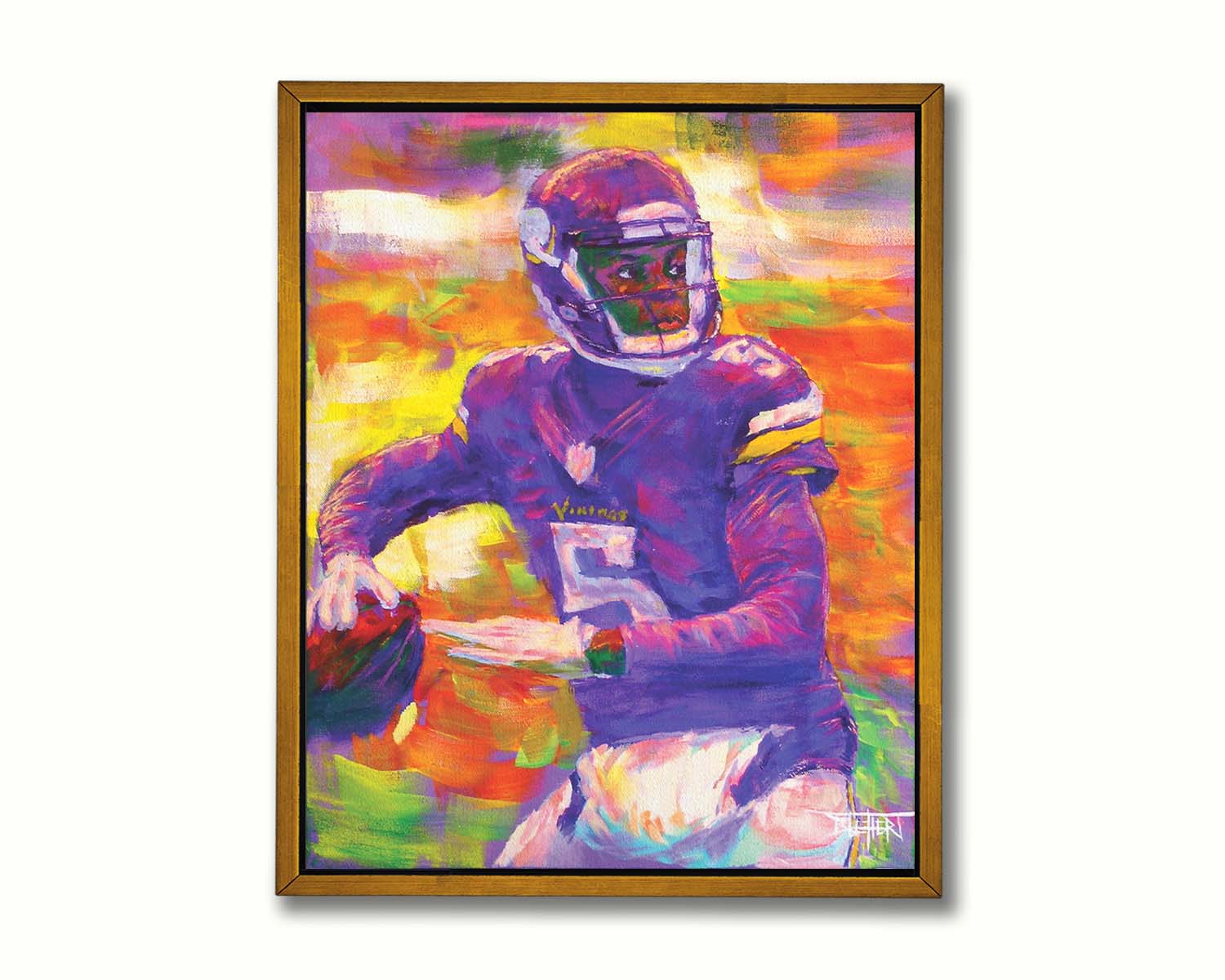 A portrait painting of football quarterback Theodore "Teddy" Edmond Bridgewater Jr. playing for the Minnesota Vikings, about to throw the ball. Printed on canvas in a float frame.