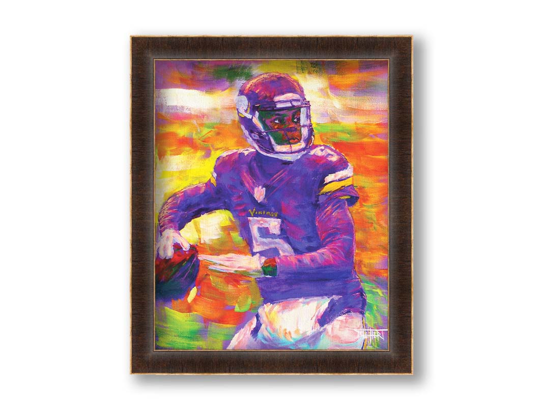 A portrait painting of football quarterback Theodore "Teddy" Edmond Bridgewater Jr. playing for the Minnesota Vikings, about to throw the ball. Printed on canvas and framed.