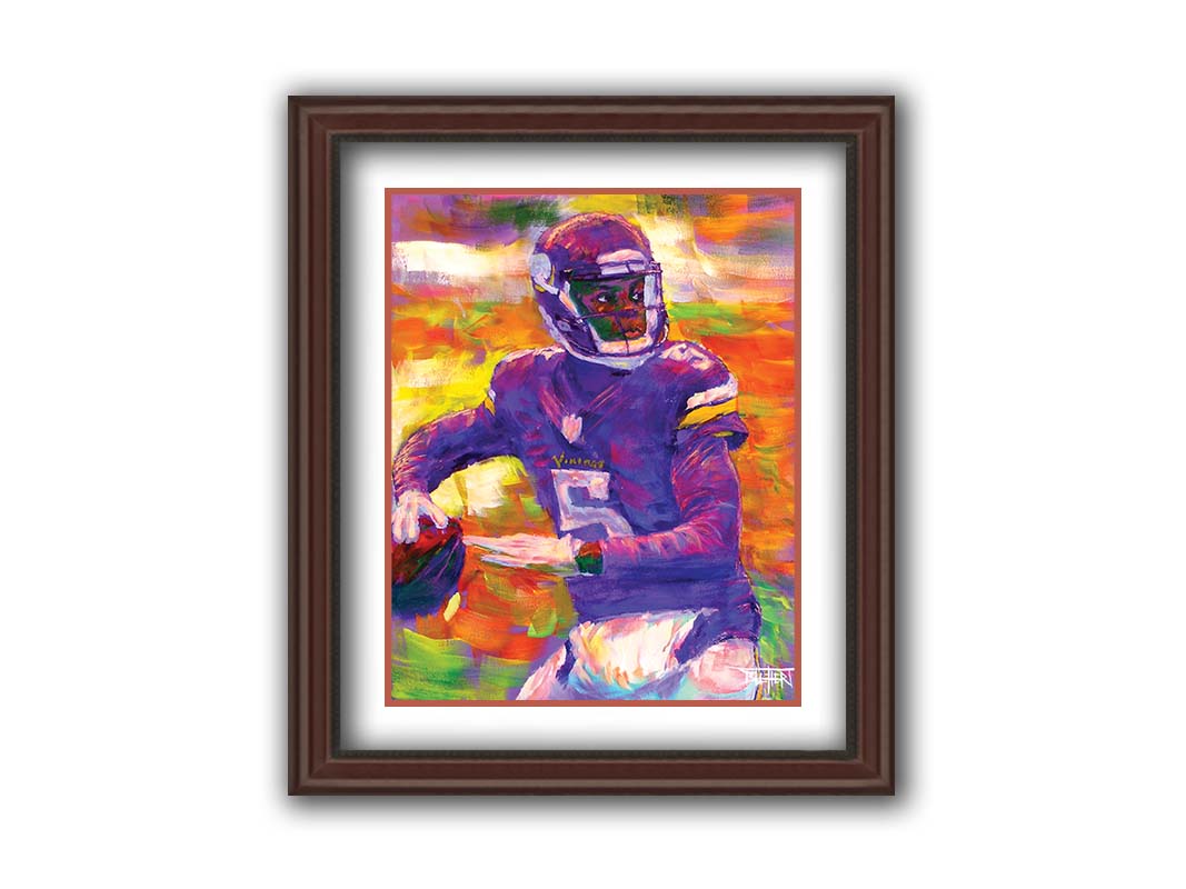 A portrait painting of football quarterback Theodore "Teddy" Edmond Bridgewater Jr. playing for the Minnesota Vikings, about to throw the ball. Printed on paper, matted, and framed.