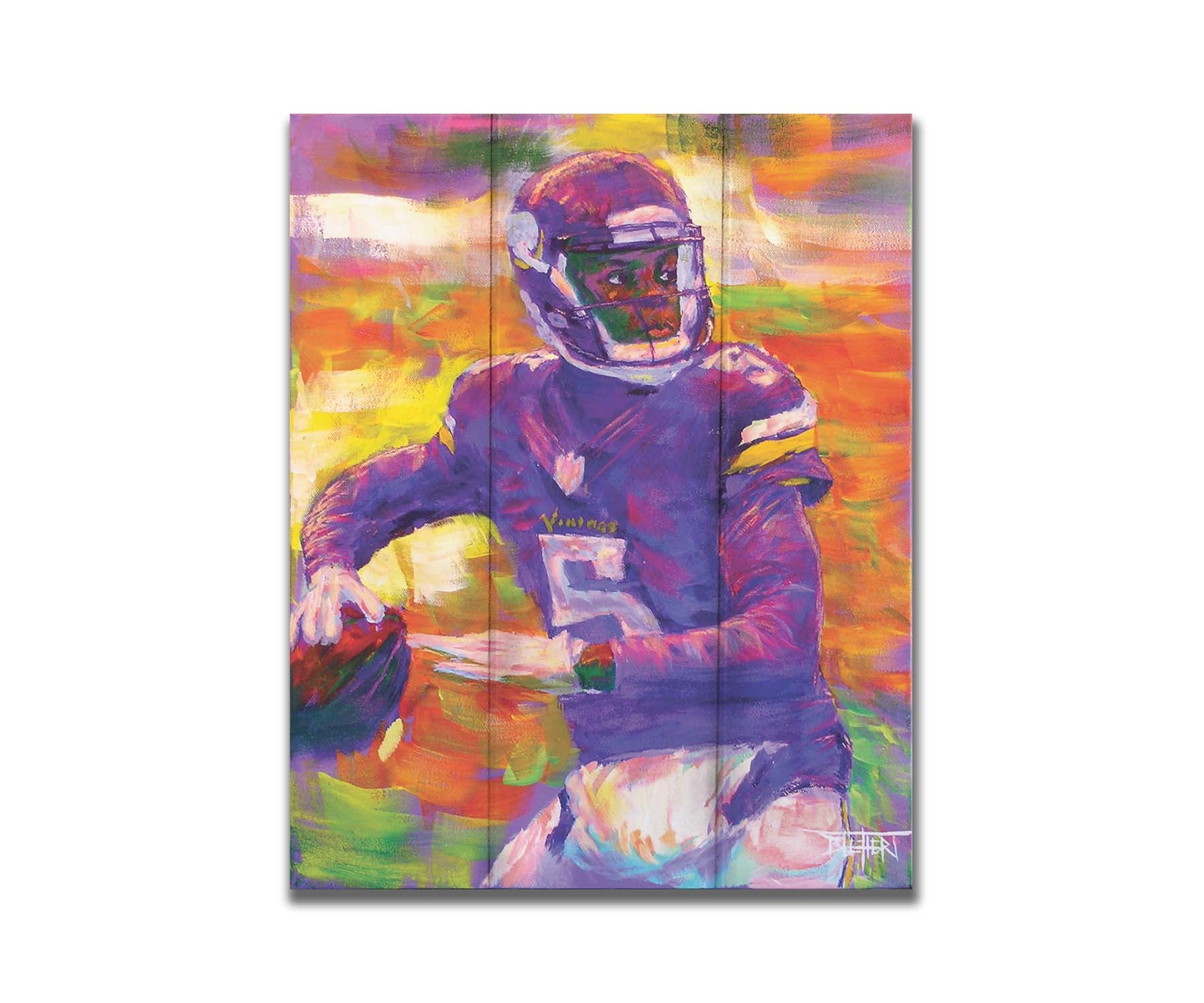 A portrait painting of football quarterback Theodore "Teddy" Edmond Bridgewater Jr. playing for the Minnesota Vikings, about to throw the ball. Printed on a box board.