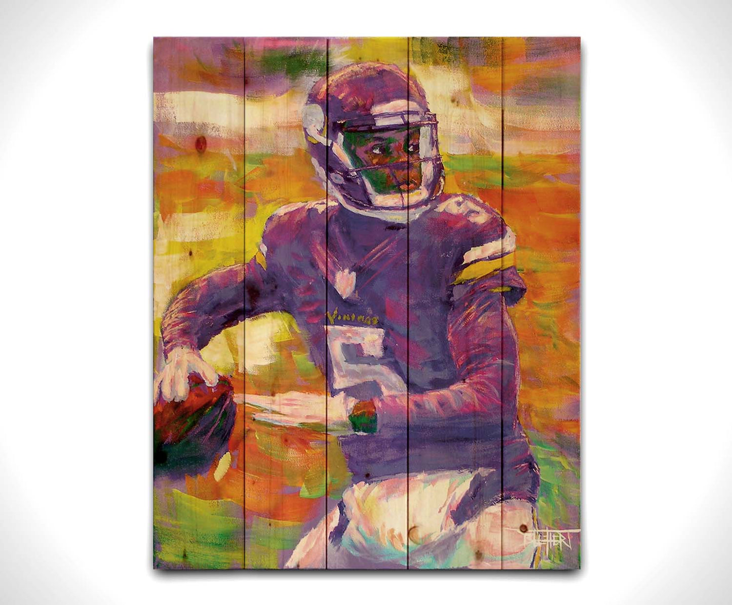 A portrait painting of football quarterback Theodore "Teddy" Edmond Bridgewater Jr. playing for the Minnesota Vikings, about to throw the ball. Printed on a wood pallet.