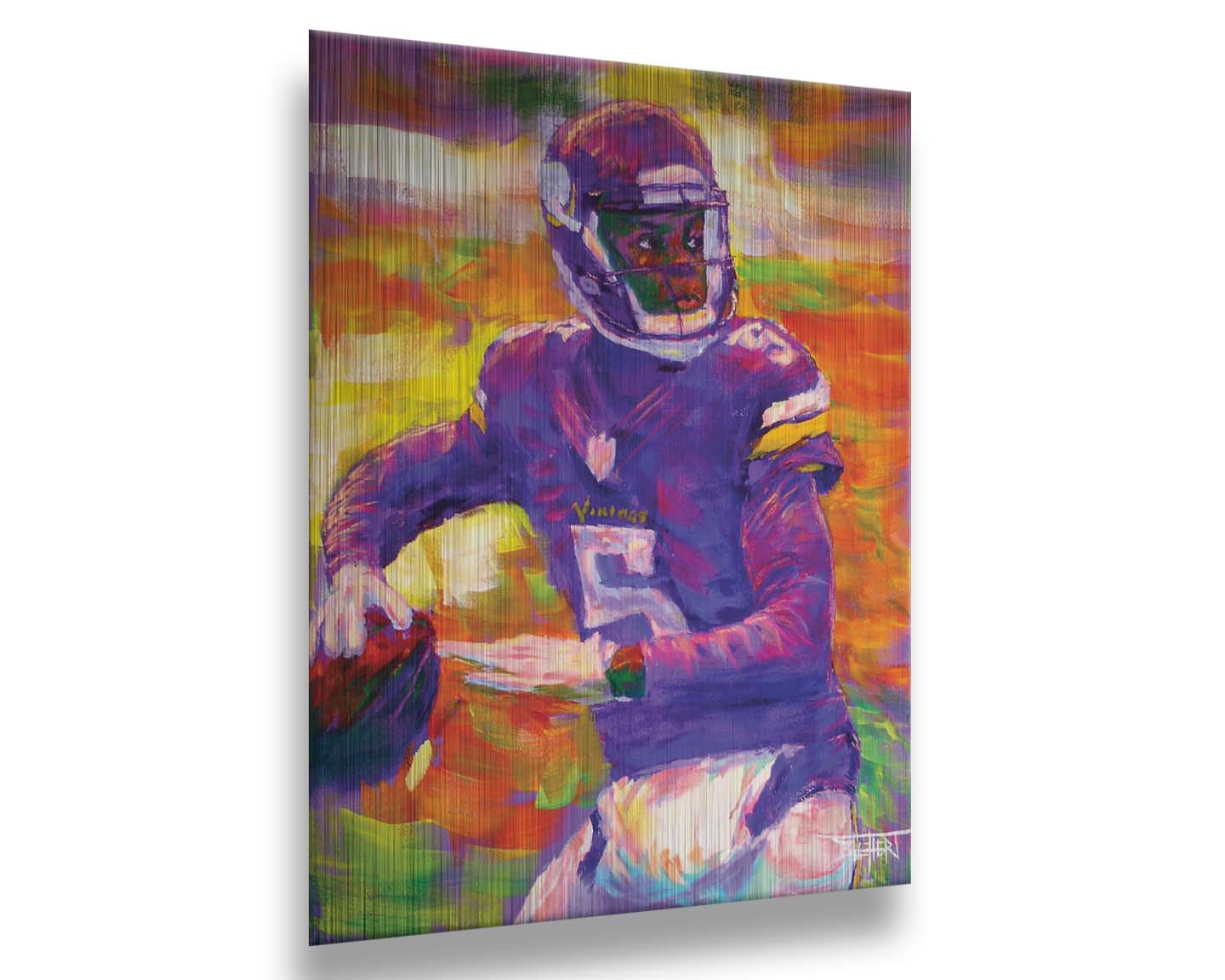 A portrait painting of football quarterback Theodore "Teddy" Edmond Bridgewater Jr. playing for the Minnesota Vikings, about to throw the ball. Printed on metal.