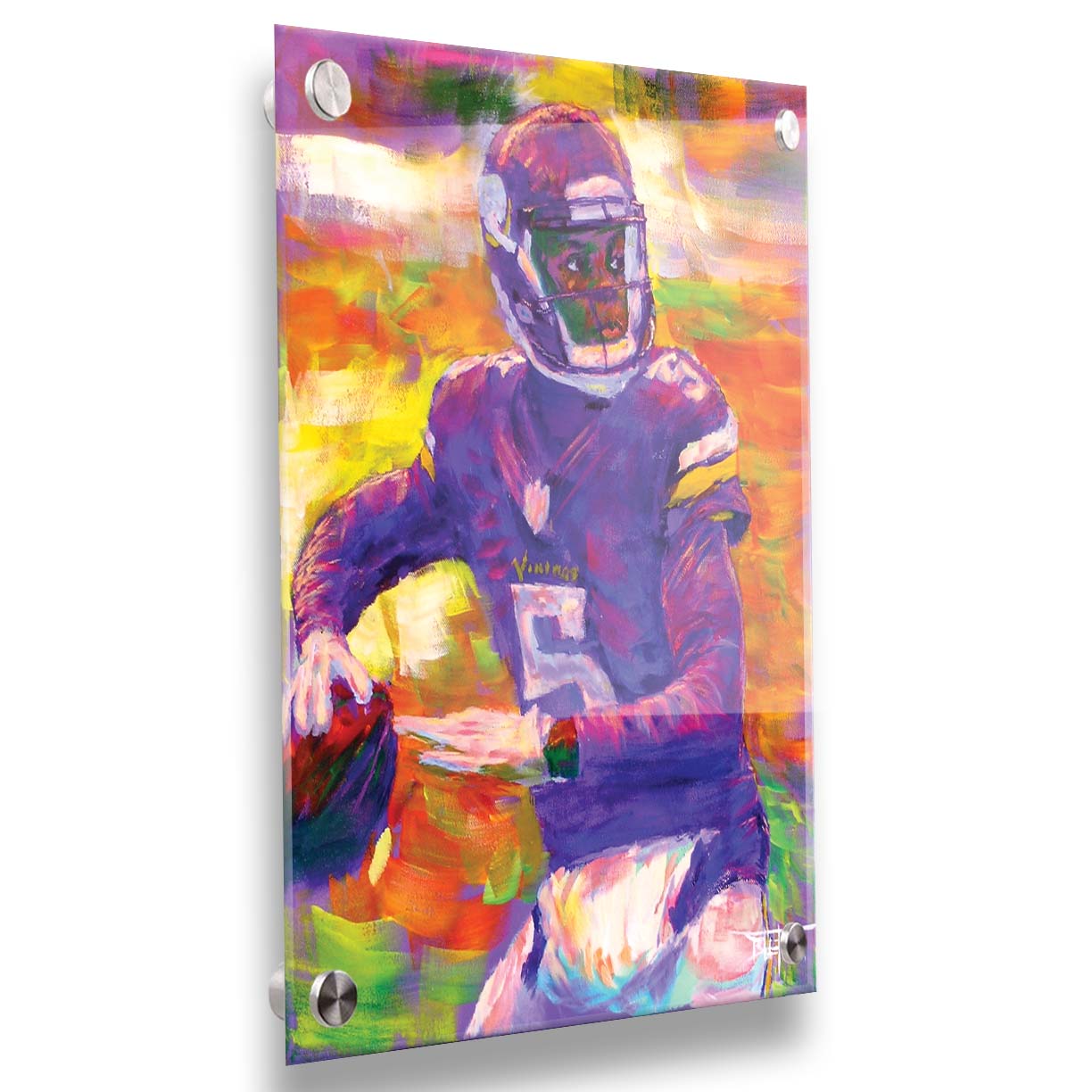 A portrait painting of football quarterback Theodore "Teddy" Edmond Bridgewater Jr. playing for the Minnesota Vikings, about to throw the ball. Printed on acrylic.