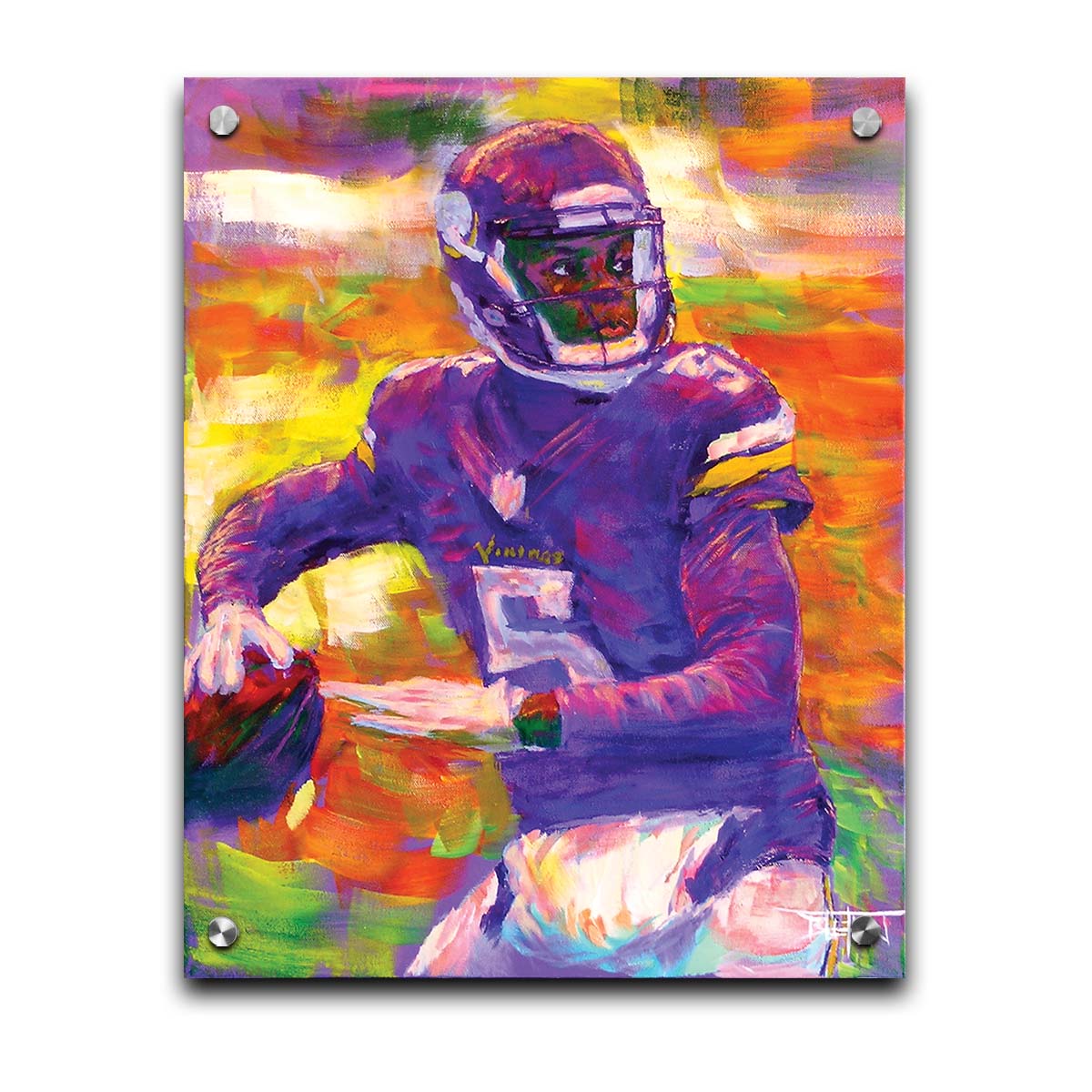 A portrait painting of football quarterback Theodore "Teddy" Edmond Bridgewater Jr. playing for the Minnesota Vikings, about to throw the ball. Printed on acrylic.