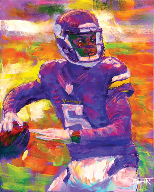 A portrait painting of football quarterback Theodore "Teddy" Edmond Bridgewater Jr. playing for the Minnesota Vikings, about to throw the ball.