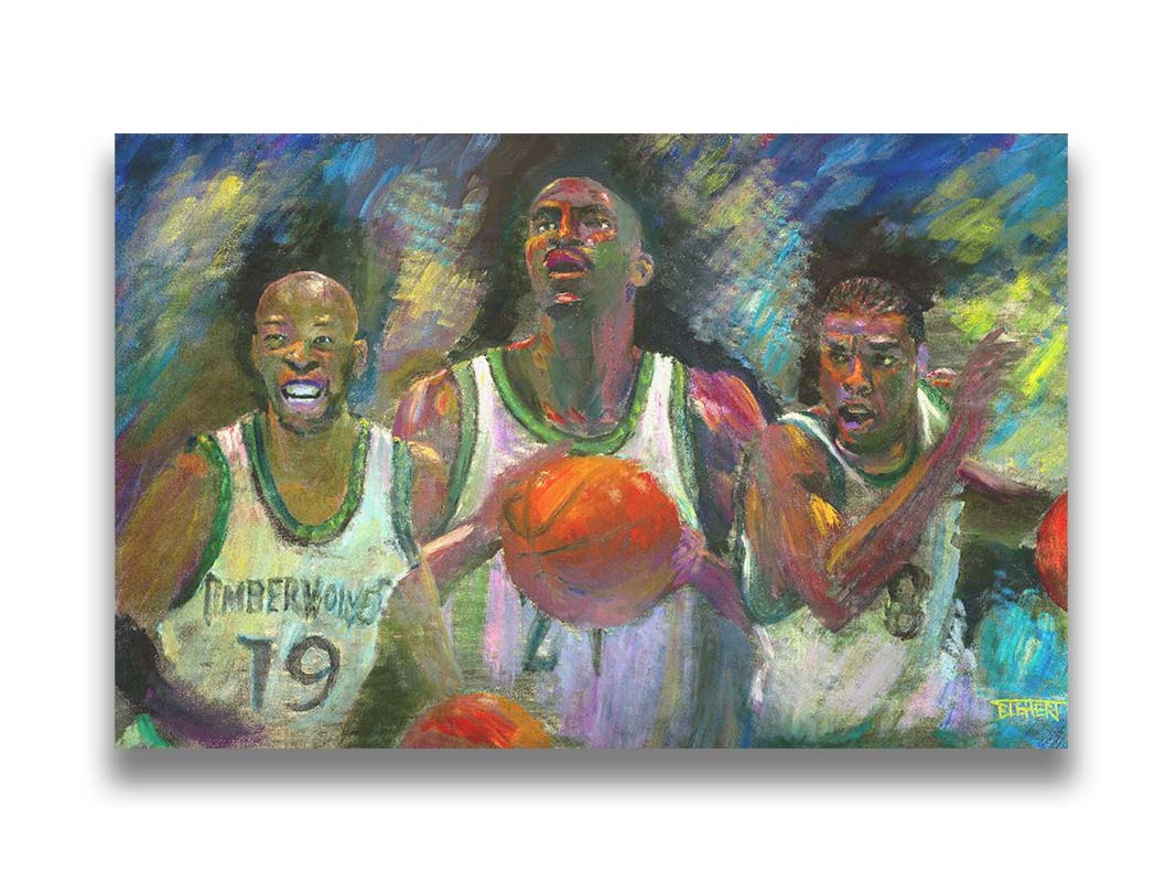 A painting collage of three portraitsâ€“ Samuel Cassell, Kevin Garnett, and Latrell Sprewell of the Minnesota Timberwolves basketball team. Printed on canvas.