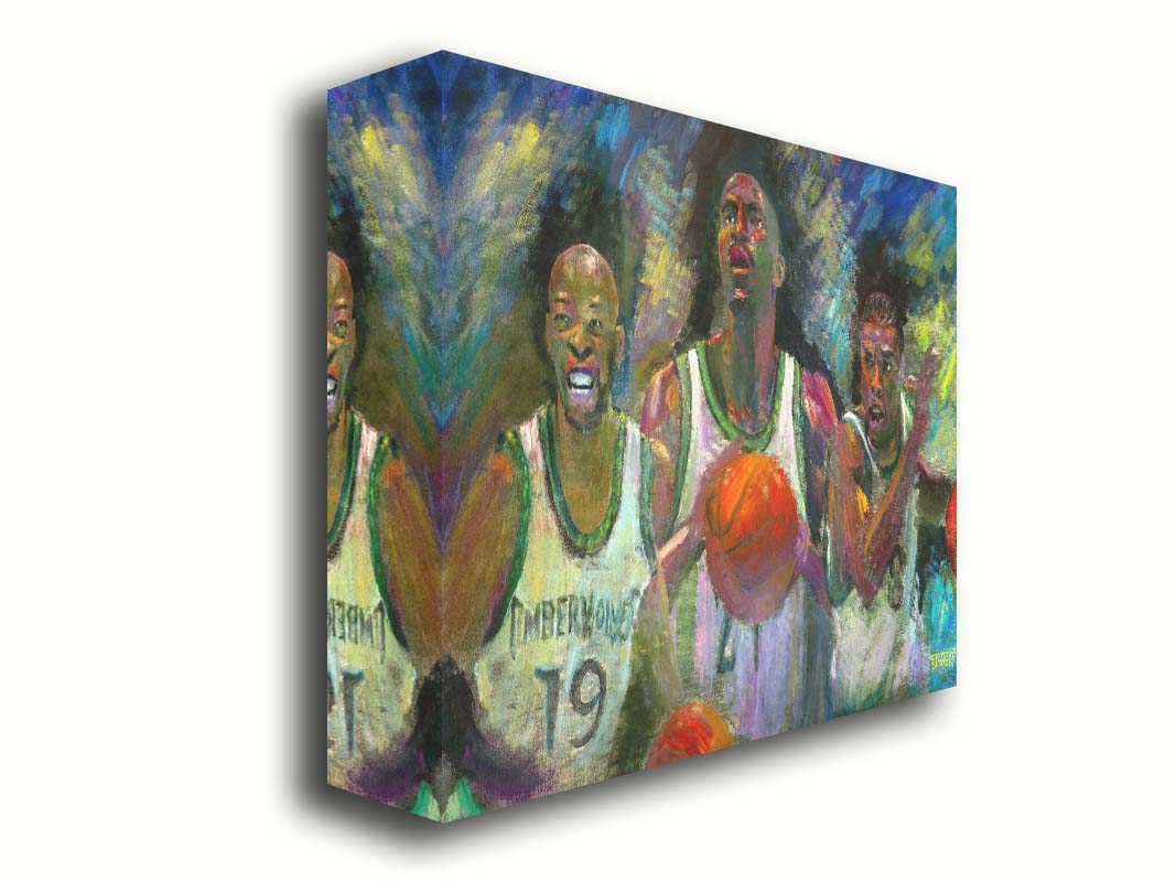 A painting collage of three portraitsâ€“ Samuel Cassell, Kevin Garnett, and Latrell Sprewell of the Minnesota Timberwolves basketball team. Printed on canvas.