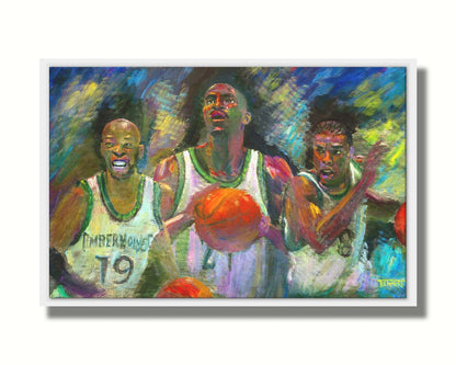 A painting collage of three portraitsâ€“ Samuel Cassell, Kevin Garnett, and Latrell Sprewell of the Minnesota Timberwolves basketball team. Printed on canvas in a float frame.