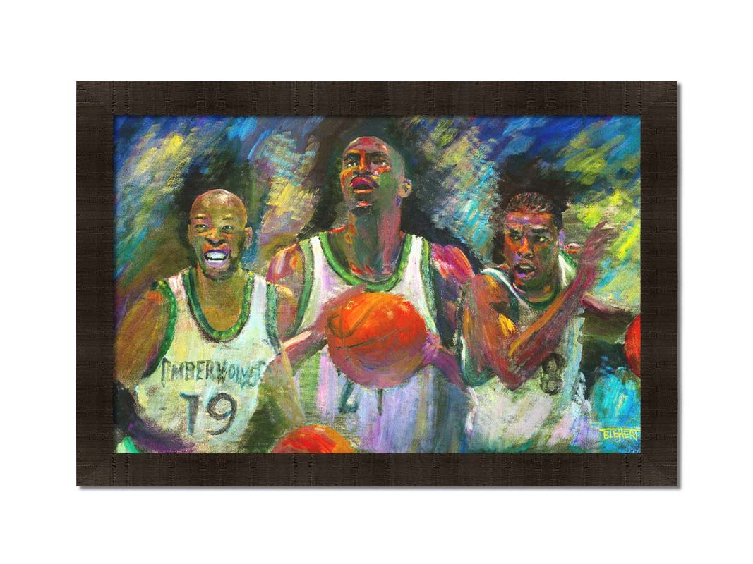 A painting collage of three portraitsâ€“ Samuel Cassell, Kevin Garnett, and Latrell Sprewell of the Minnesota Timberwolves basketball team. Printed on canvas and framed.