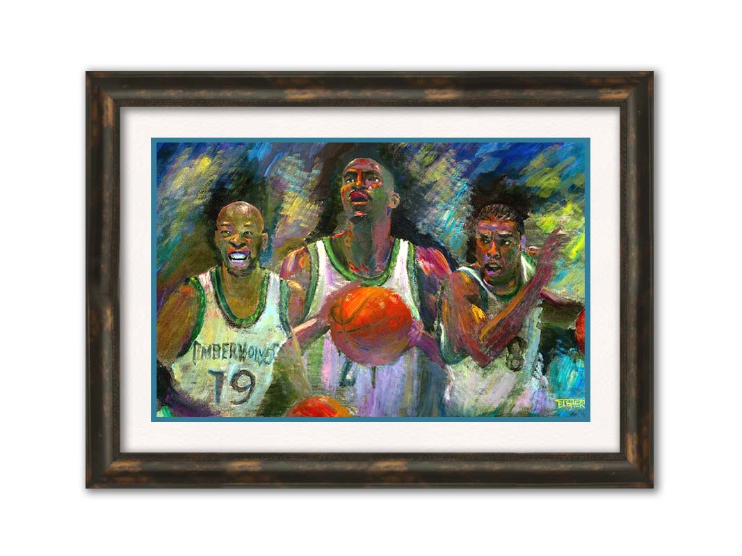 A painting collage of three portraits: Samuel Cassell, Kevin Garnett, and Latrell Sprewell of the Minnesota Timberwolves basketball team. Printed on paper, matted, and framed.