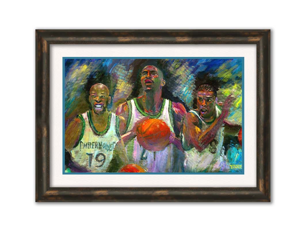 A painting collage of three portraitsâ€“ Samuel Cassell, Kevin Garnett, and Latrell Sprewell of the Minnesota Timberwolves basketball team. Printed on paper, matted, and framed.