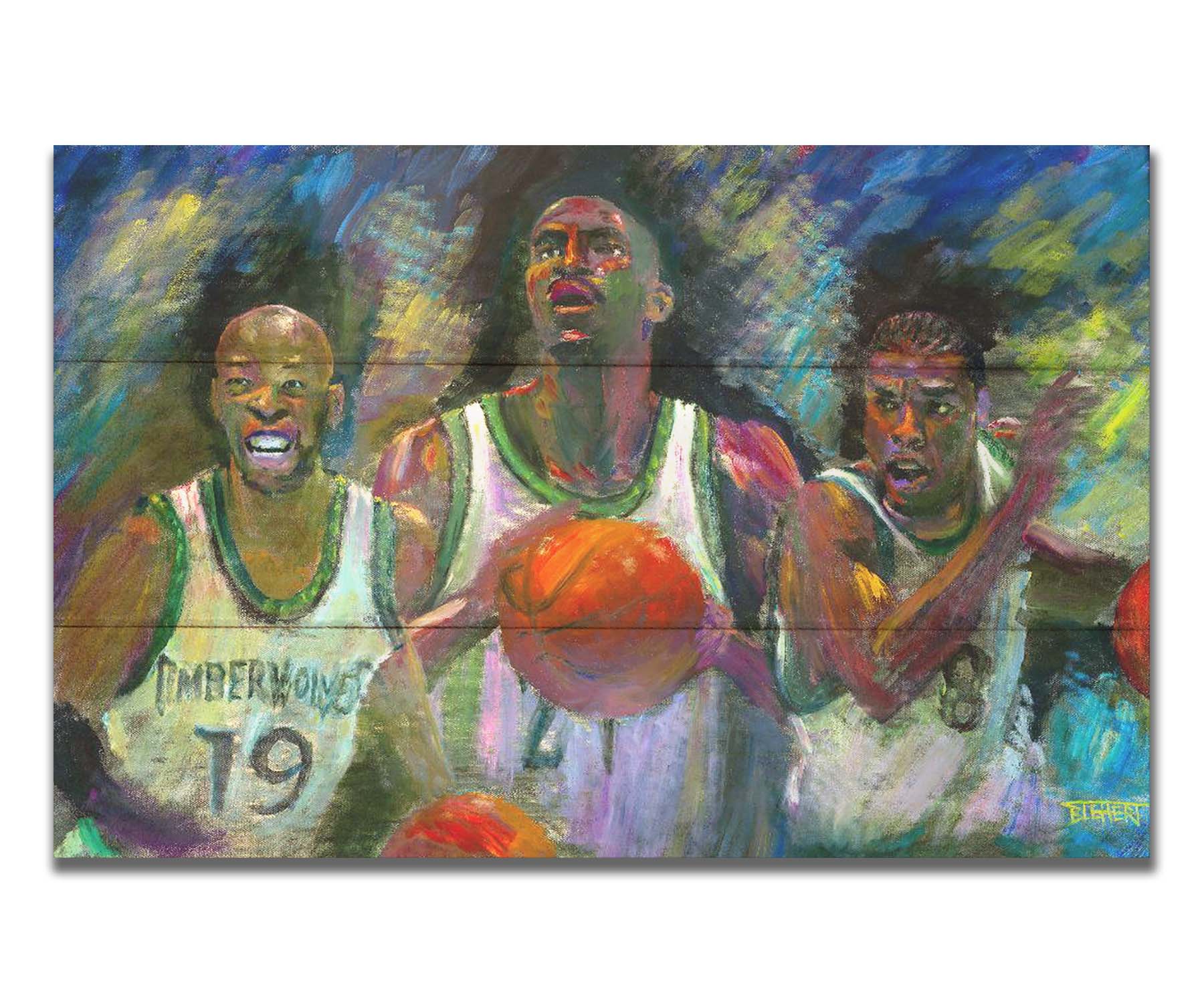 A painting collage of three portraits: Samuel Cassell, Kevin Garnett, and Latrell Sprewell of the Minnesota Timberwolves basketball team. Printed on a box board.