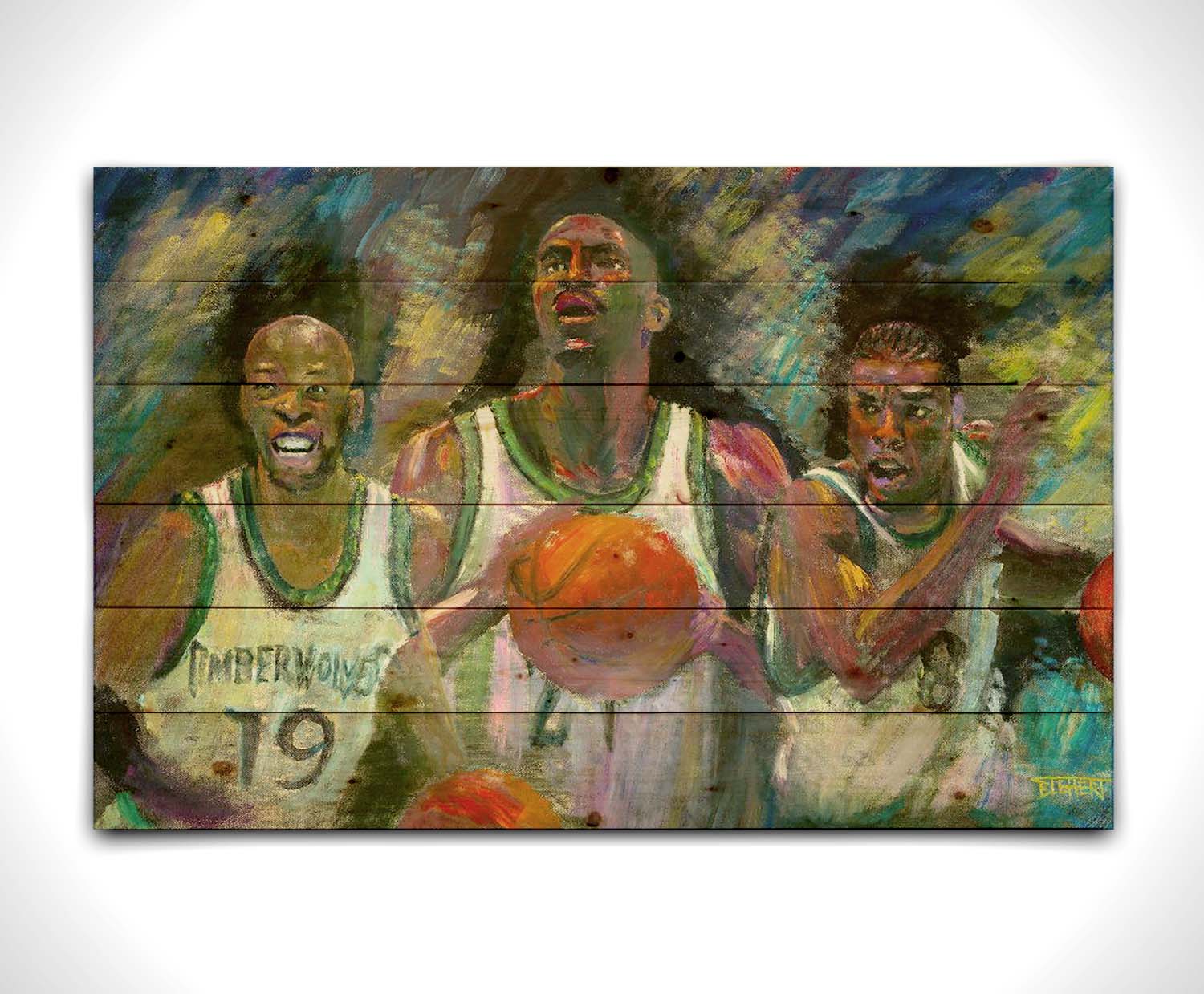 A painting collage of three portraitsâ€“ Samuel Cassell, Kevin Garnett, and Latrell Sprewell of the Minnesota Timberwolves basketball team. Printed on a wood pallet.