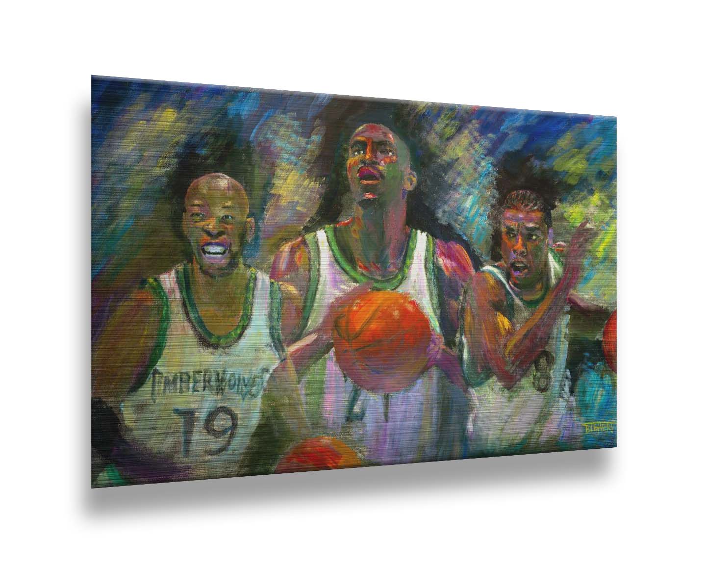 A painting collage of three portraitsâ€“ Samuel Cassell, Kevin Garnett, and Latrell Sprewell of the Minnesota Timberwolves basketball team. Printed on metal.