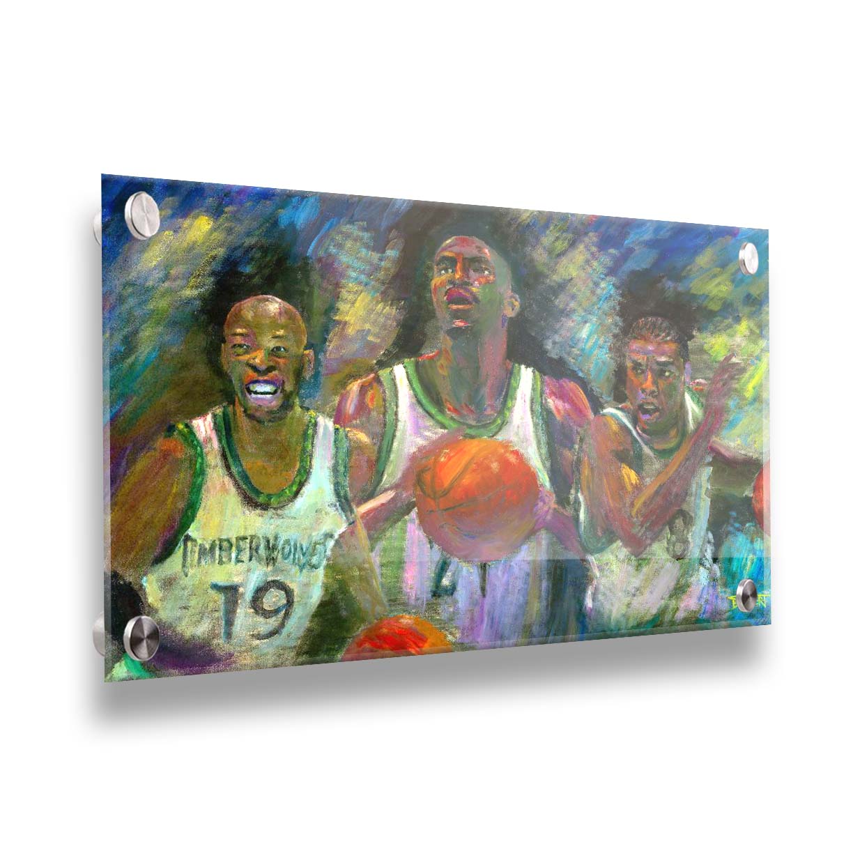 A painting collage of three portraitsâ€“ Samuel Cassell, Kevin Garnett, and Latrell Sprewell of the Minnesota Timberwolves basketball team. Printed on acrylic.