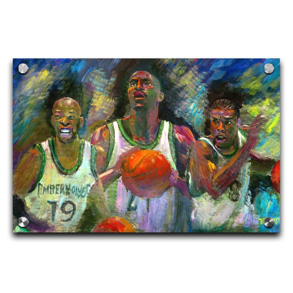 A painting collage of three portraits: Samuel Cassell, Kevin Garnett, and Latrell Sprewell of the Minnesota Timberwolves basketball team. Printed on acrylic.