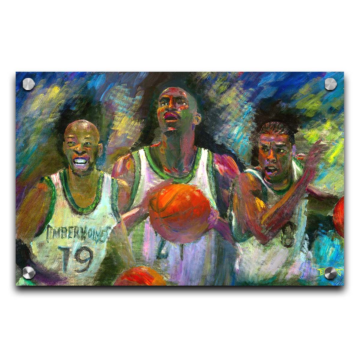 A painting collage of three portraitsâ€“ Samuel Cassell, Kevin Garnett, and Latrell Sprewell of the Minnesota Timberwolves basketball team. Printed on acrylic.