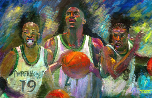 A painting collage of three portraits: Samuel Cassell, Kevin Garnett, and Latrell Sprewell of the Minnesota Timberwolves basketball team. 