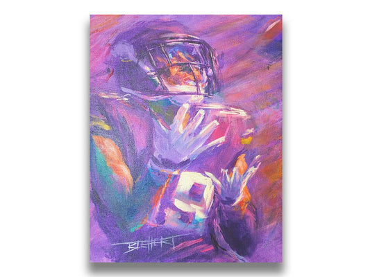 A portrait painting of Minnesota Vikings wide reciever Adam Thielen the moment of catching the football. Printed on canvas.