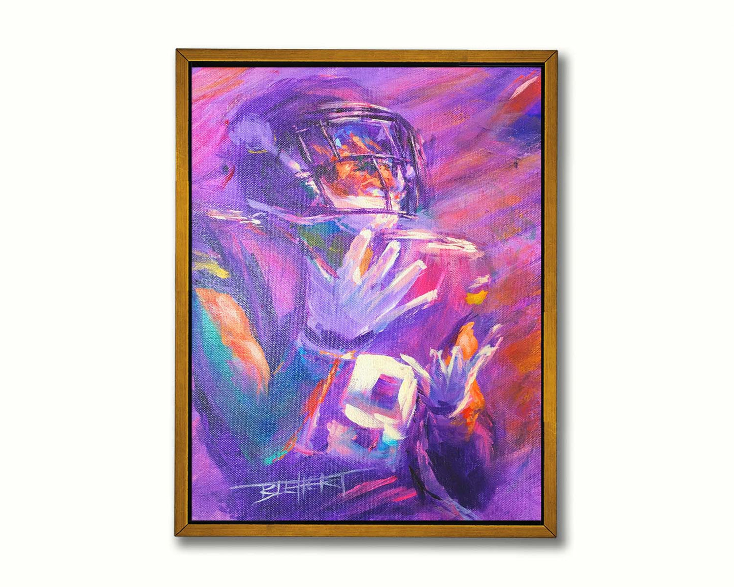 A portrait painting of Minnesota Vikings wide reciever Adam Thielen the moment of catching the football. Printed on canvas in a float frame.