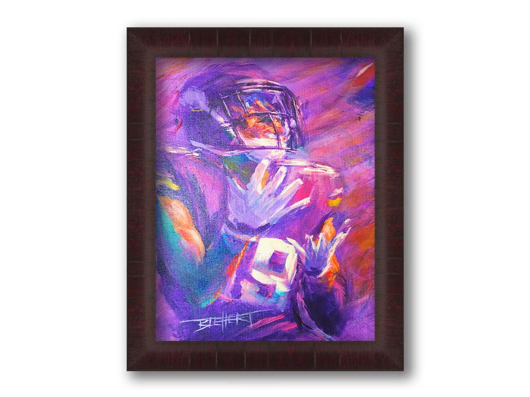 A portrait painting of Minnesota Vikings wide reciever Adam Thielen the moment of catching the football. Printed on canvas and framed.