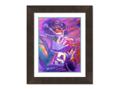 A portrait painting of Minnesota Vikings wide reciever Adam Thielen the moment of catching the football. Printed on paper, matted, and framed.