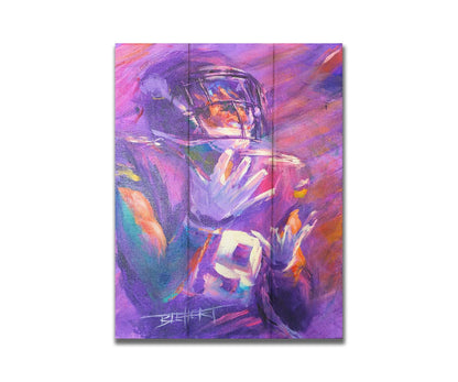 A portrait painting of Minnesota Vikings wide reciever Adam Thielen the moment of catching the football. Printed on a box board.