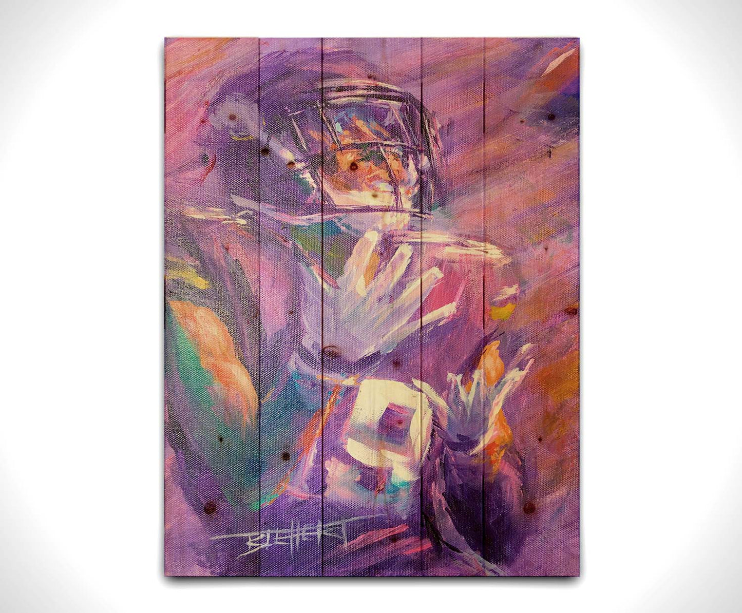 A portrait painting of Minnesota Vikings wide reciever Adam Thielen the moment of catching the football. Printed on a wood pallet.