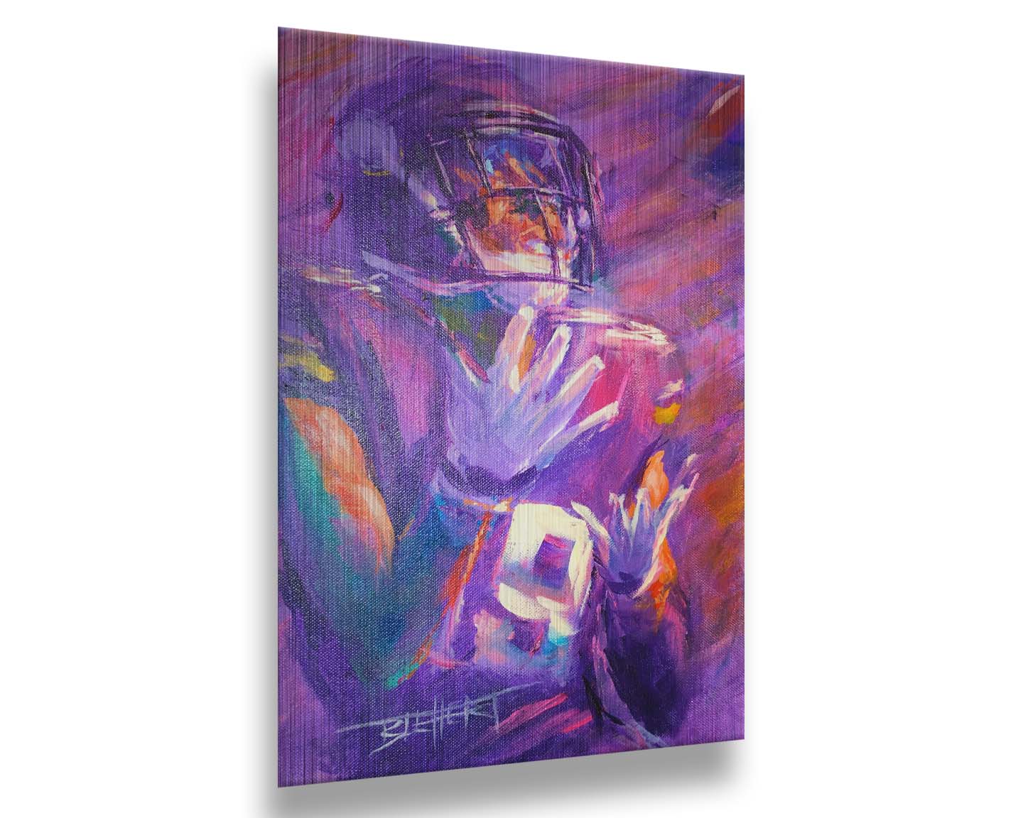 A portrait painting of Minnesota Vikings wide reciever Adam Thielen the moment of catching the football. Printed on metal.