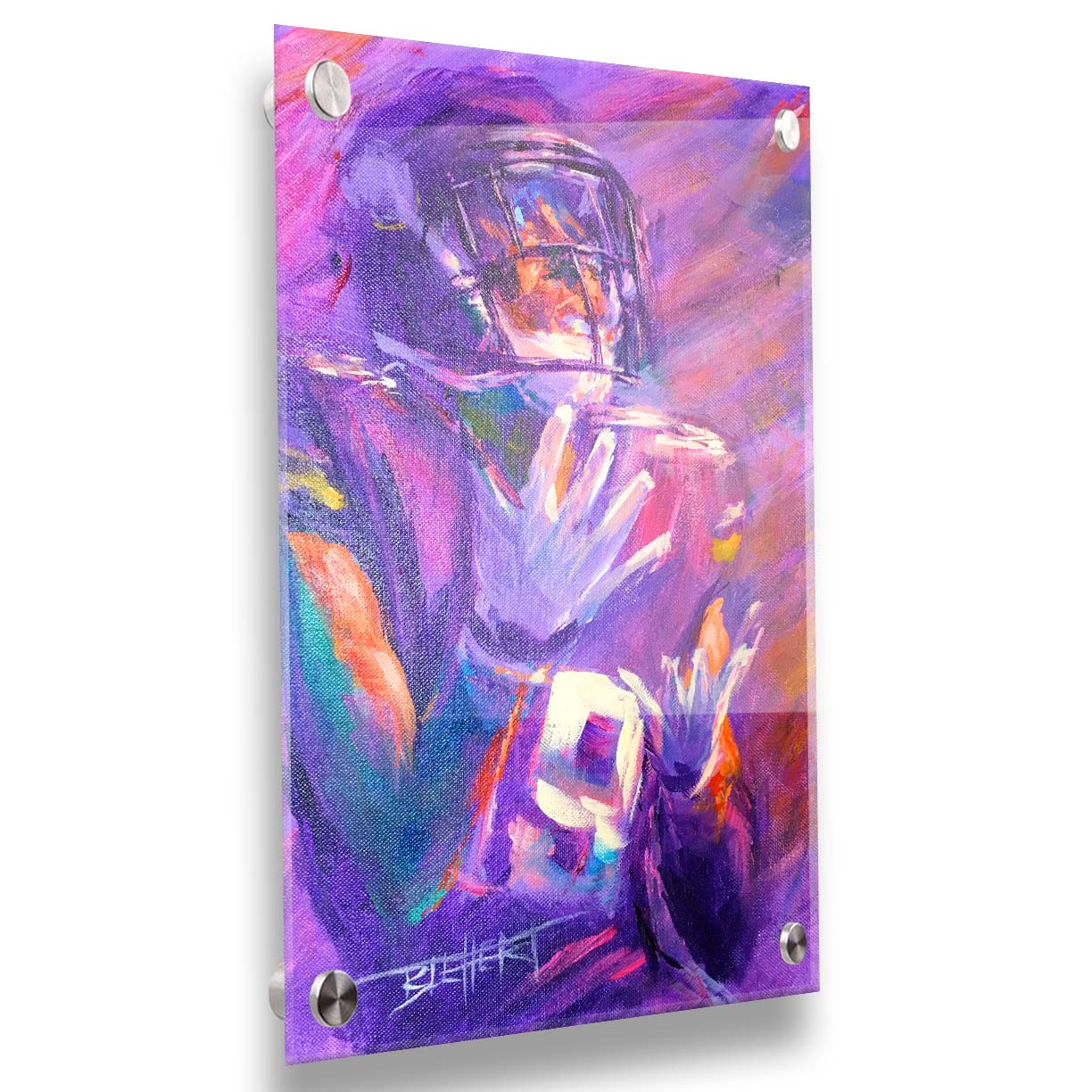 A portrait painting of Minnesota Vikings wide reciever Adam Thielen the moment of catching the football. Printed on acrylic.