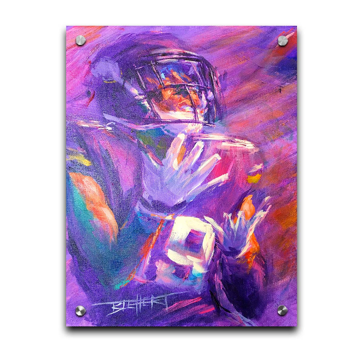 A portrait painting of Minnesota Vikings wide reciever Adam Thielen the moment of catching the football. Printed on acrylic.