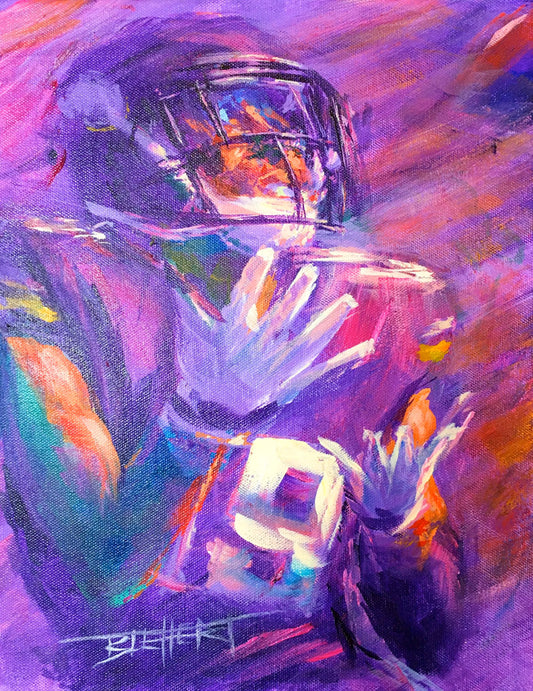 A portrait painting of Minnesota Vikings wide reciever Adam Thielen the moment of catching the football. 