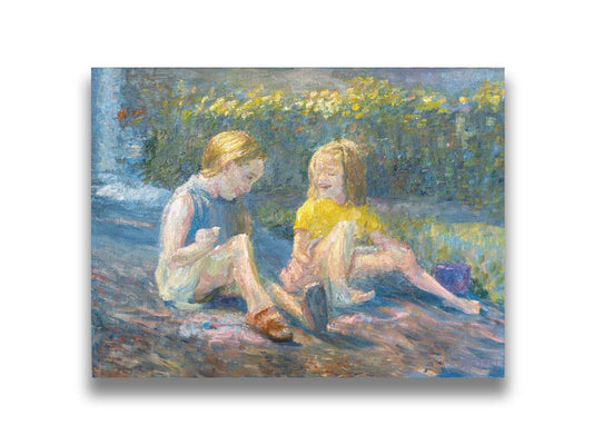 A painting of two children sitting outside in a garden of yellow flowers, laughing. Printed on canvas.