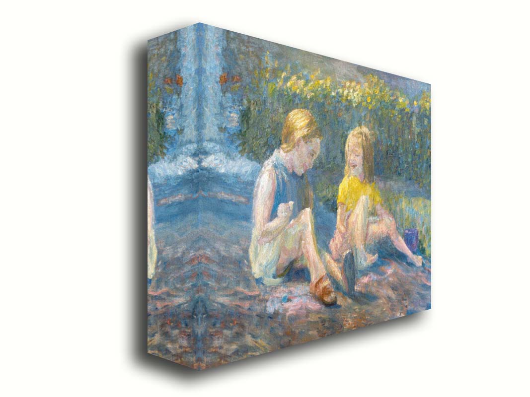 A painting of two children sitting outside in a garden of yellow flowers, laughing. Printed on canvas.